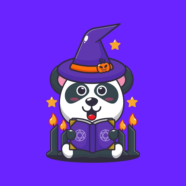 Vecteur panda sorcier lisant un livre de sorts le jour de l'halloween