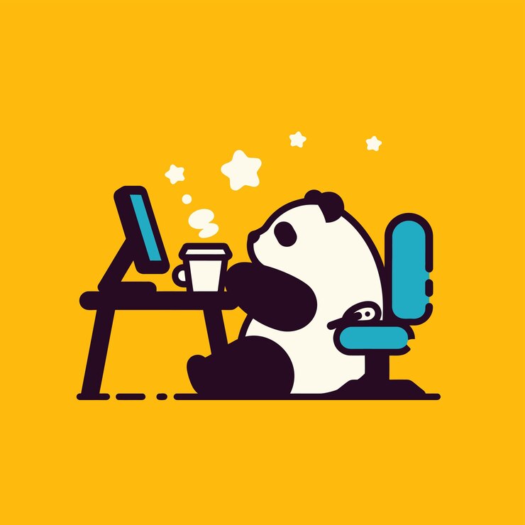 Un panda travaille à l'ordinateur et boit du café.