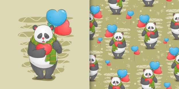 Le Panda Triste Tenant Son Amour Et Deux Ballons Sur Sa Main Dans Un Jeu De Modèle D'illustration