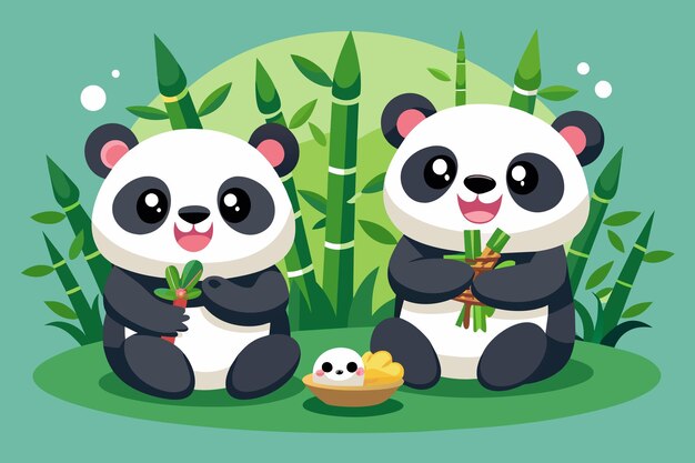 Vecteur des pandas adorables qui mâchent du bambou.