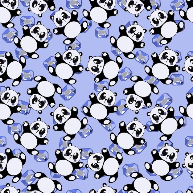 Pandas mignons et motif d'enfants d'art de cristal bleu sans soudure