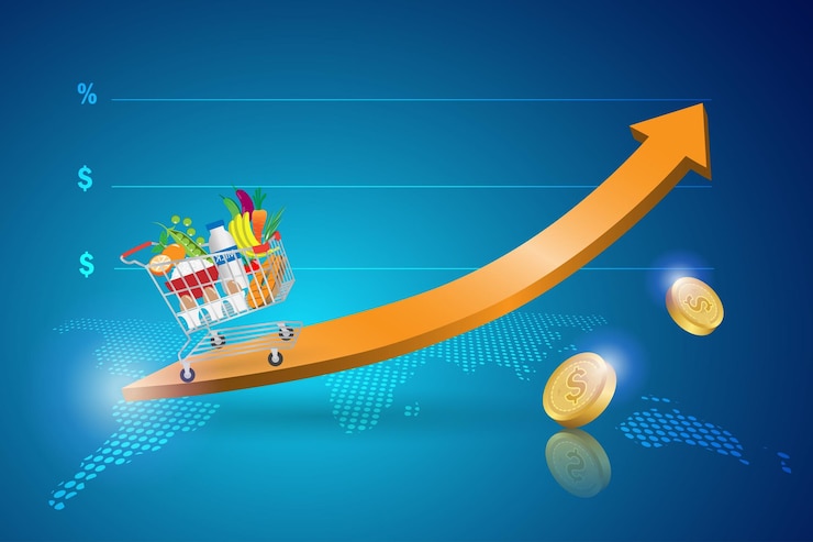 Vecteur panier d'achat sur le graphique du coût de la vie en hausse