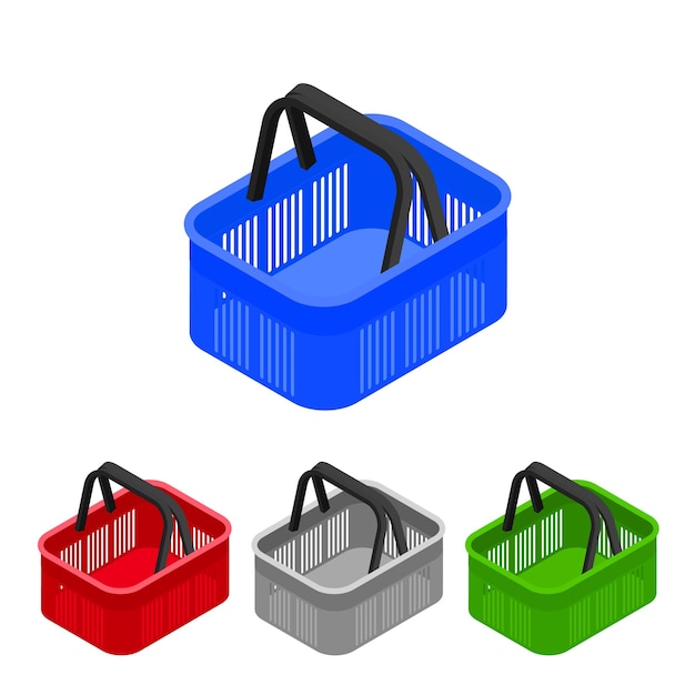 Vecteur panier d'achat en supermarché et magasin. plat isométrique. icône de panier d'achat pour les boutiques en ligne. illustration vectorielle.