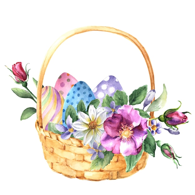 Panier aquarelle avec des oeufs de Pâques et des fleurs