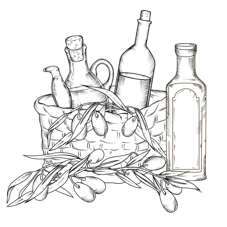 Panier avec des branches d'olivier et des bouteilles d'huile vecteur de gravure dessiné à la main isolé
