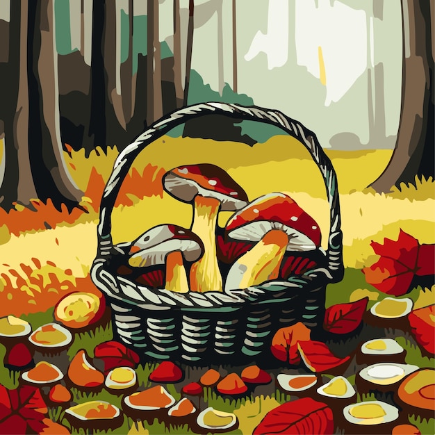 Vecteur panier avec champignons forestiers comestibles composition d'automne colorée sur fond forestier vecteur de dessin animé