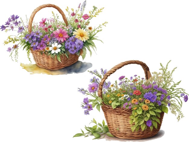 Vecteur panier de fleurs sauvages à l'aquarelle