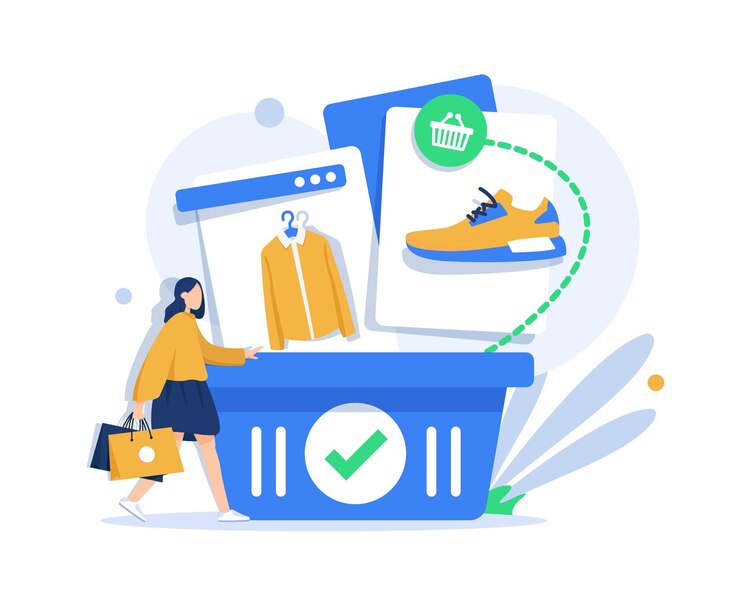 Vecteur panier et livraison d'achat de vêtements concept de magasinage en ligne