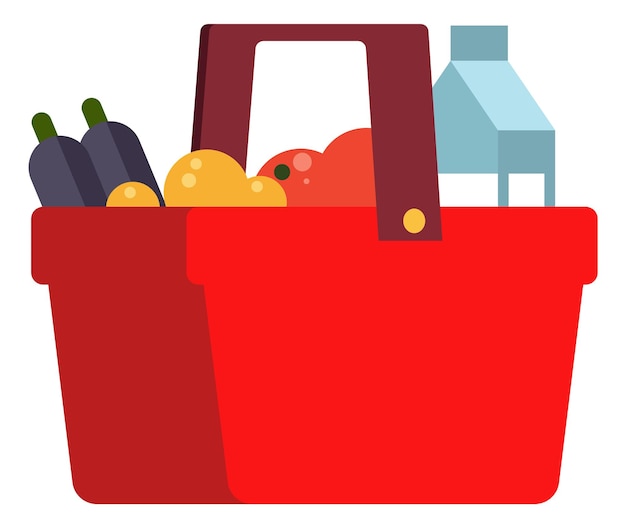 Panier de marché rouge avec des achats de magasin de détail alimentaire isolé sur fond blanc