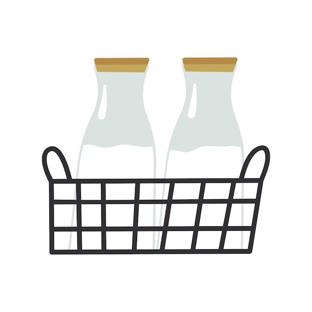 Panier en métal avec deux bouteilles de lait Ménage Produits laitiers frais Élément de décor pour café boulangerie et restaurant Ameublement pour un café de ville Style plat en illustration vectorielle Isolé