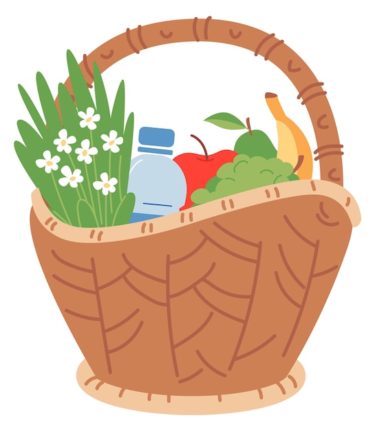 Vecteur un panier de nourriture avec des fruits et des fleurs d'été en osier frais