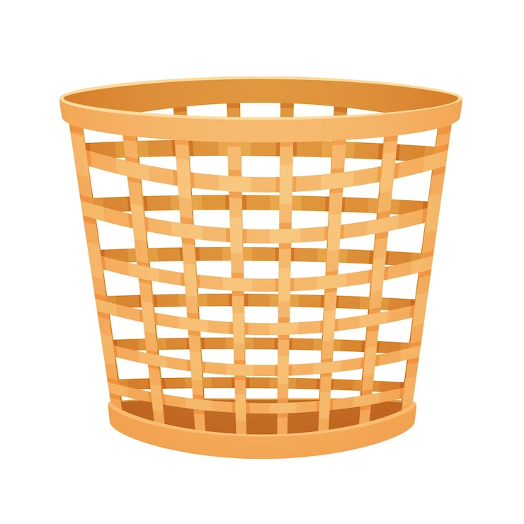 Vecteur panier en osier 3d pour les déchets de papier de bureau, poubelle en bois brun