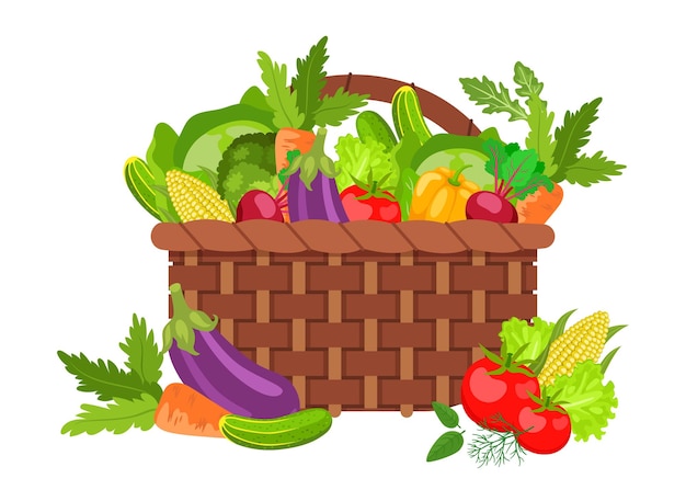 Panier En Osier Plein D'illustration Vectorielle De Légumes Frais