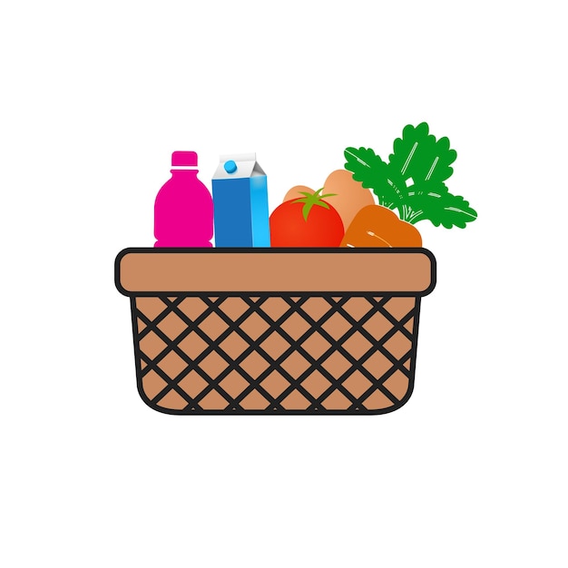 Vecteur un panier avec un panier de légumes et une bouteille d'eau
