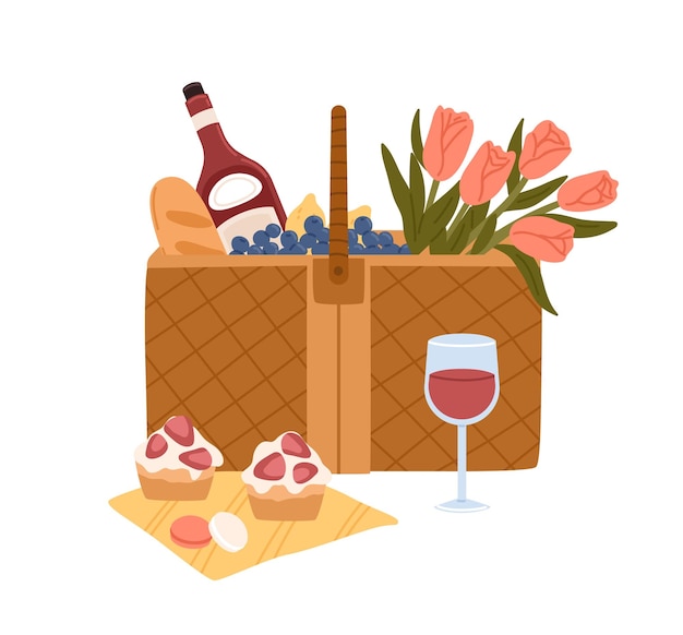 Vecteur panier pique-nique avec de délicieux plats pour un dîner romantique en plein air bouteille de vin, verre à vin, baguette, gâteaux et bouquet de fleurs. illustration de vecteur plat coloré isolé sur fond blanc.