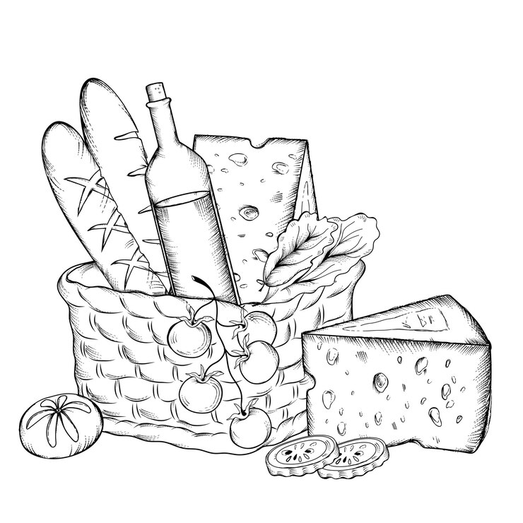 Panier de pique-nique dessiné à la main avec du pain au vin et du fromage gravure illustration vectorielle de style gravé isolé sur blanc Bouteille de vin fruits et fromage dans le panier voowen