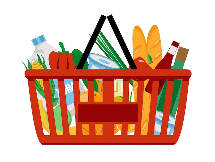 Vecteur panier en plastique rouge plein de produits d'épicerie. faire les courses au supermarché.