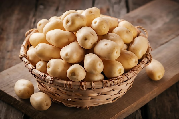 un panier de pommes de terre avec un panier brun sur le côtéFruits frais et biologiques