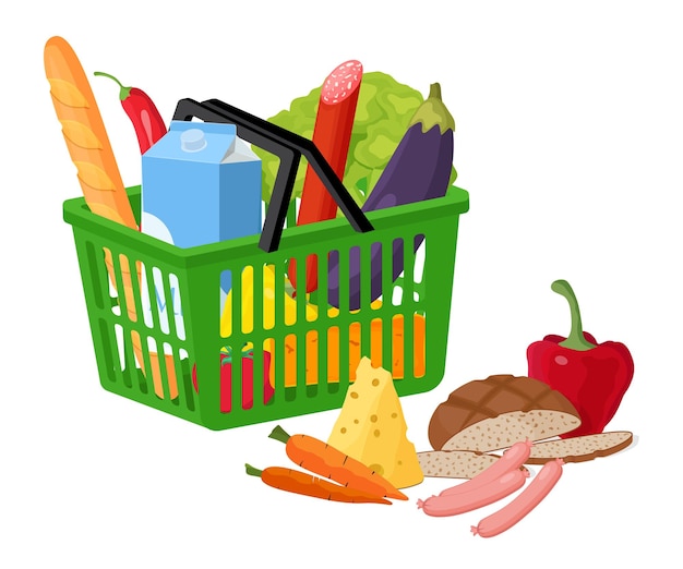 Vecteur panier avec des produits illustration vectorielle d'un panier de supermarché rouge avec de la nourriture de supermarché