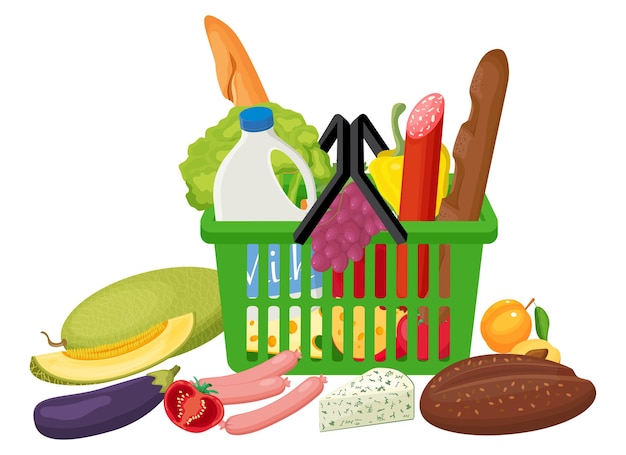 Panier Avec Des Produits Illustration Vectorielle D'un Panier De Supermarché Rouge Avec De La Nourriture De Supermarché