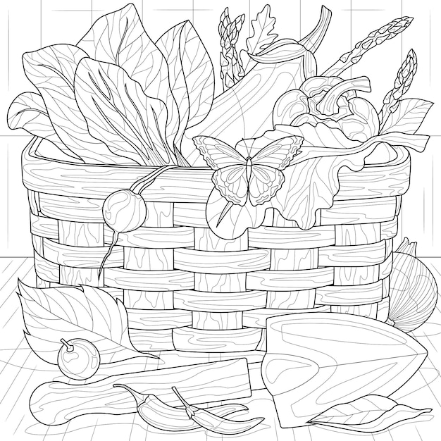 Panier De Récoltelégumes Dans Un Panierlivre De Coloriage Antistress Pour Enfants Et Adultesstyle Zentangle Dessin à La Main