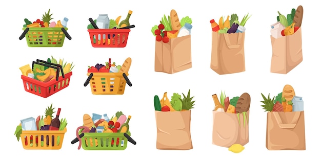 Des paniers d'épicerie et des sacs en papier remplis d'aliments assortis. Illustration vectorielle.