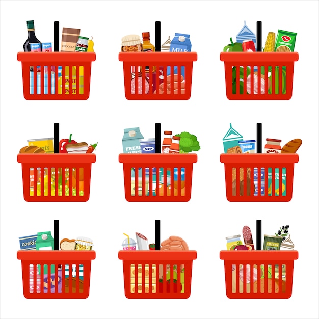 Paniers à provisions avec épicerie. Supermarché