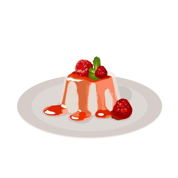 Vecteur panna cotta avec sauce aux framboises sur assiette illustration vectorielle dessert savoureux et délicieux