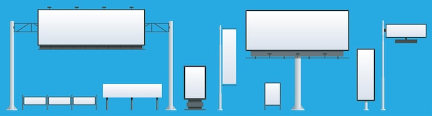 Vecteur panneau d'affichage plat ensemble de différentes perspectives publicité construction pour la publicité extérieure grand panneau d'affichage sur fond bleu illustration vectorielle isolée.