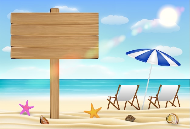 panneau de bois signe sur la plage de sable de mer avec chaise de détente
