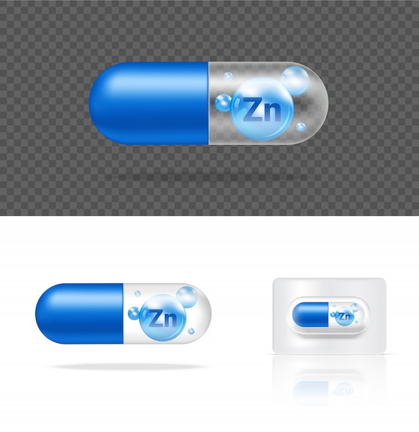 Vecteur panneau de capsule de médecine de vitamine zinc comprimé transparent réaliste sur fond blanc illustration. concept médical et de soins de santé de comprimés.