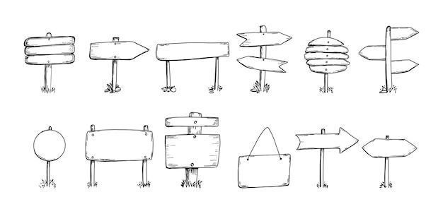 Panneau Dessiné à La Main Style De Croquis De Panneau De Direction En Bois Pointeur De Dessin Doodle Espace De Copie De Plaque Vide Pour Panneau De Texte Avec Flèches Chemin Pointeur Information Post Illustration Vectorielle Isolée