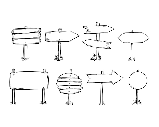 Panneau dessiné à la main Style de croquis de panneau de direction en bois Pointeur de dessin Doodle espace de copie de plaque vide pour panneau de texte avec flèches chemin pointeur information post illustration vectorielle isolée