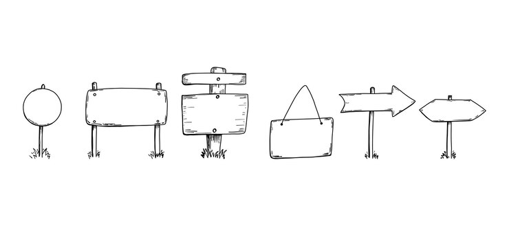 Vecteur panneau dessiné à la main style de croquis de panneau de direction en bois pointeur de dessin doodle espace de copie de plaque vide pour panneau de texte avec flèches chemin pointeur information post illustration vectorielle isolée