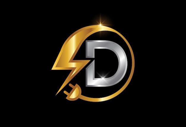 Panneau électrique avec la lettre D, le logo de l'électricité, le logo de l'énergie électrique et la conception de vecteur d'icône