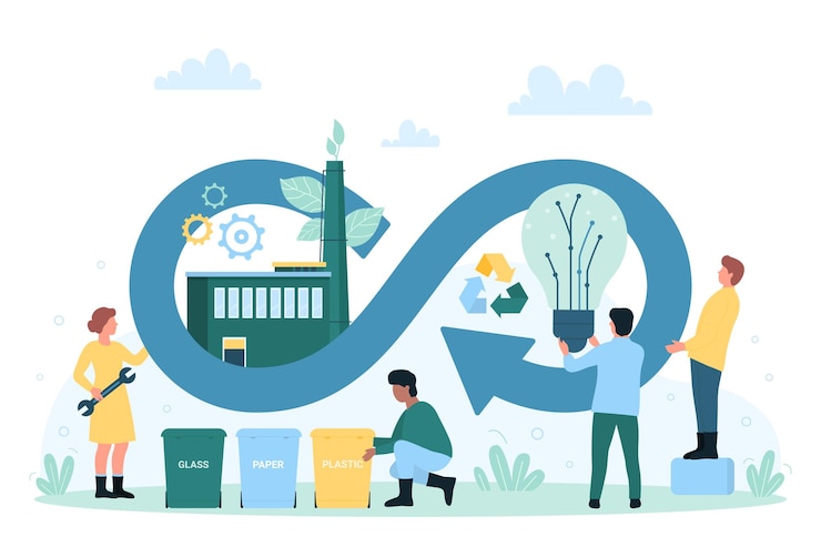 Vecteur le panneau d'infini de l'économie circulaire avec des feuilles d'usine, une ampoule à l'intérieur et de petites personnes