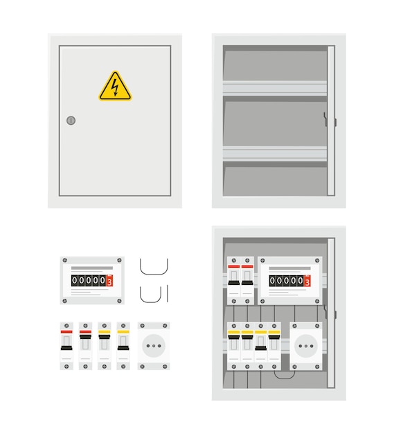 Vecteur panneau d'interrupteur d'alimentation électrique avec porte ouverte et fermée. boîte à fusibles.