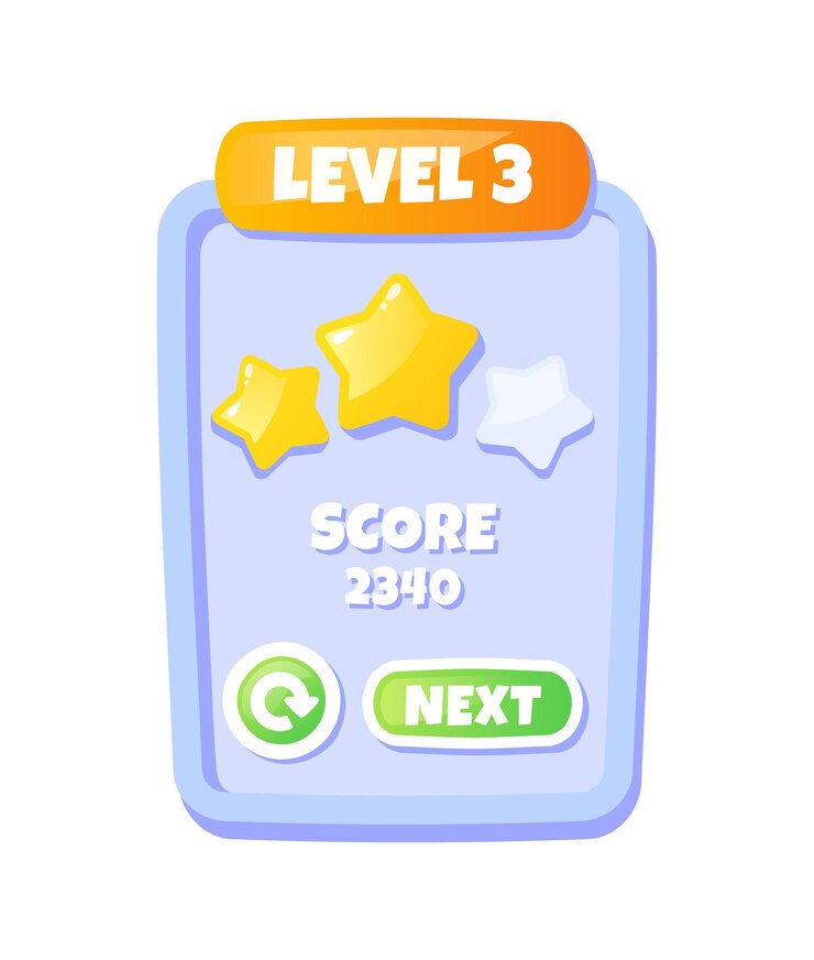 Vecteur panneau de niveau ui pour le score final du jeu et l'évaluation du passage à trois étoiles avec un bouton pour réessayer