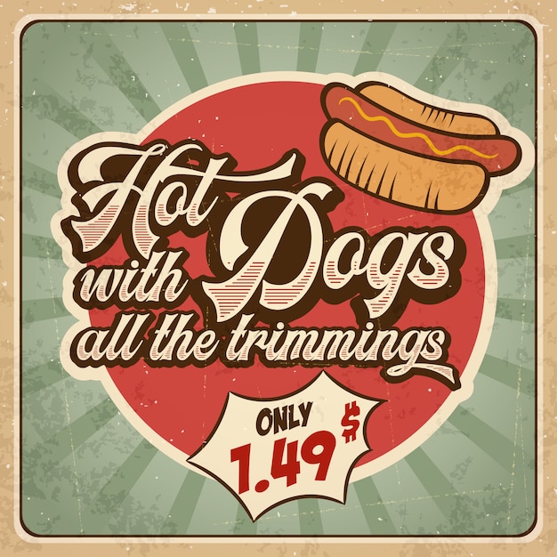 Panneau Publicitaire Rétro Pour Hot Dogs. Affiche Vintage