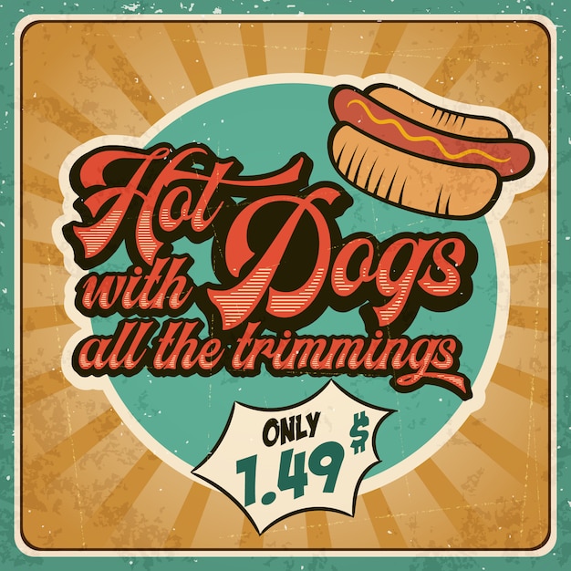 Panneau Publicitaire Rétro Pour Hot Dogs. Style Vintage