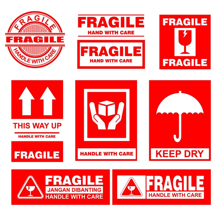 Vecteur un panneau rouge et blanc qui dit fragile et suivre avec un parapluie