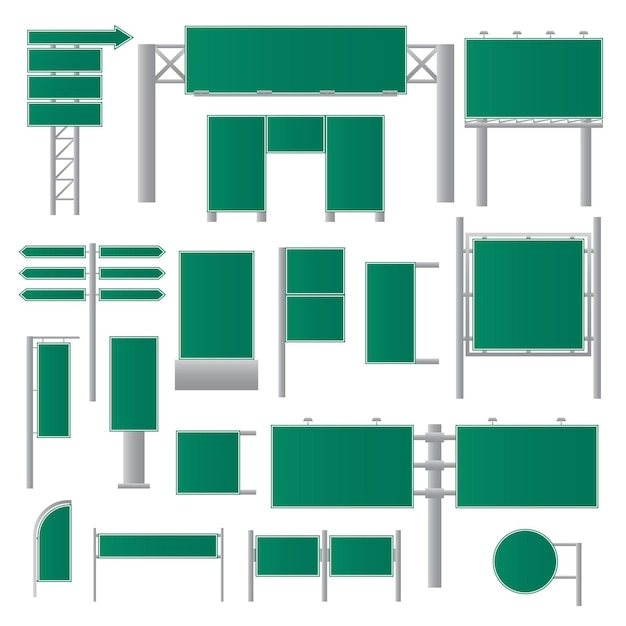 Panneaux d'affichage verts réalistes. Signalisation routière à plat. Publicité vierge. Bannières vides. Illustration vectorielle.