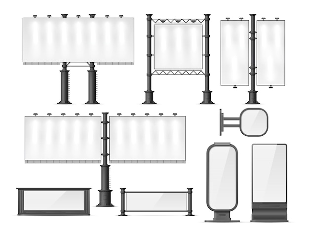Vecteur panneaux d'affichage de ville vierges réalistes publicité lieux vides bannières extérieures éclairées caissons lumineux 3d et panneaux routiers modules de clôtures incandescentes maquette d'affiches de promotion de rue vectorielle