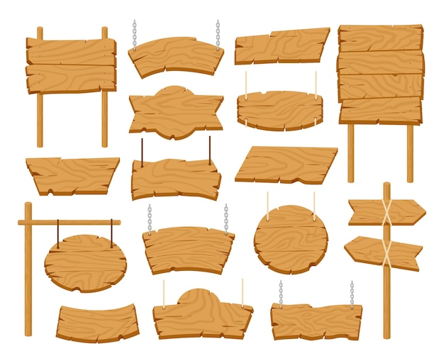 Panneaux en bois de dessin animé bannières vintage et planches de ruban ensemble d'illustrations vectorielles