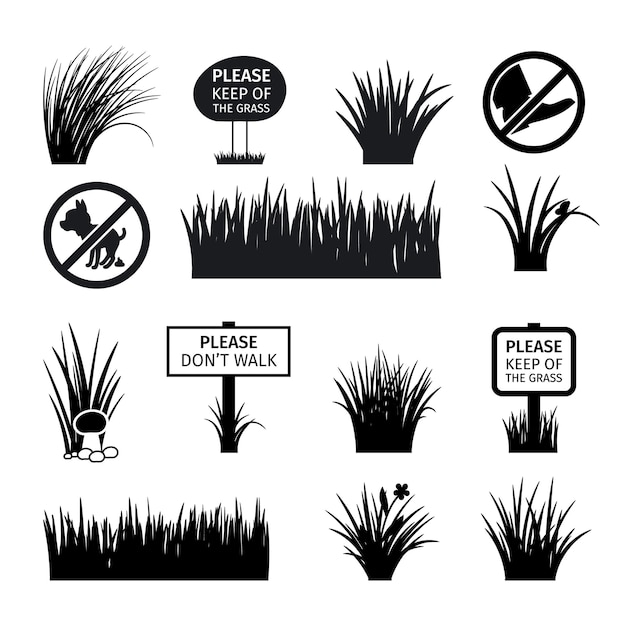 Vecteur panneaux de jardin ou de parc. ne gâchez pas les icônes de silhouettes d'herbe, de prairies et de pelouses. illustration vectorielle