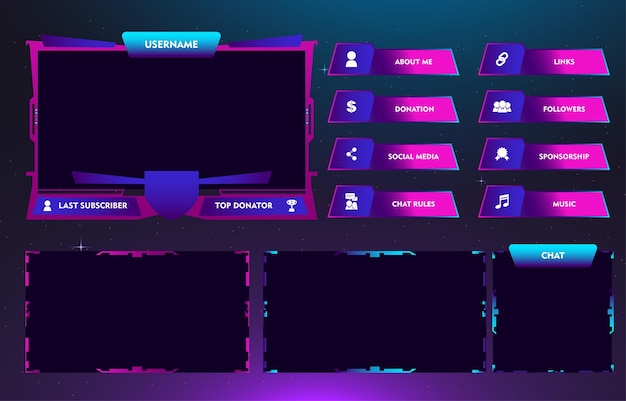 Vecteur panneaux de jeu de streamer twitch de couleur dégradée