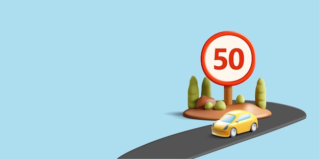 Vecteur les panneaux de limitation de vitesse 50 kilomètres maximum 3d route voiture paysage vert le concept de circulation sûre