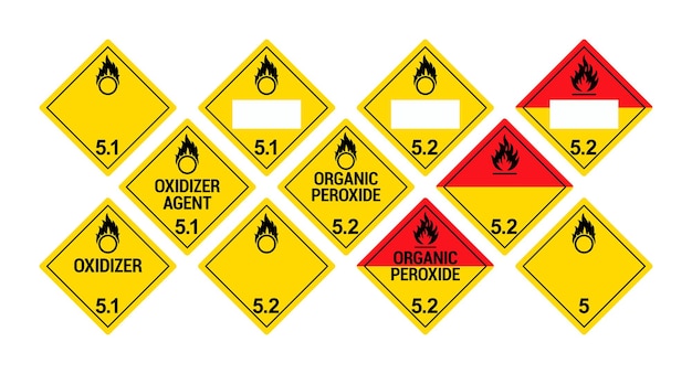 Vecteur panneaux de matières dangereuses substances comburantes pesticides organiques classe 5 plaquettes isolées hazmat