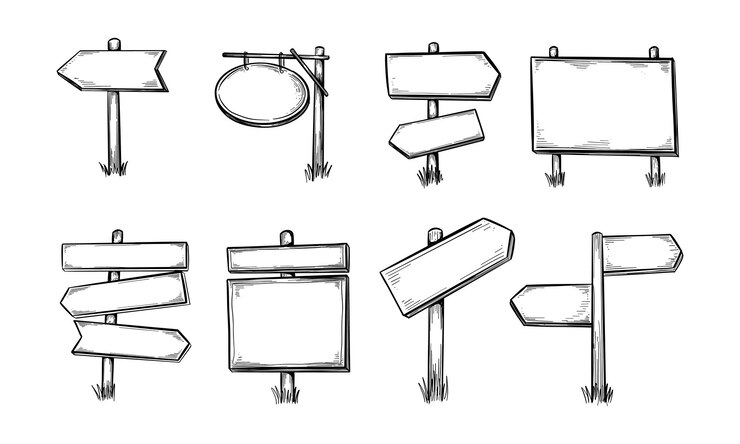 Des panneaux de signalisation en bois dessinés à la main avec des surfaces blanches pour les directions