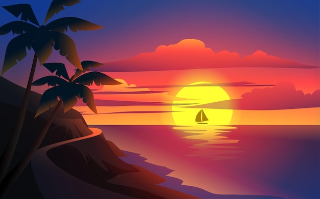 Panorama du coucher du soleil sur la belle plage